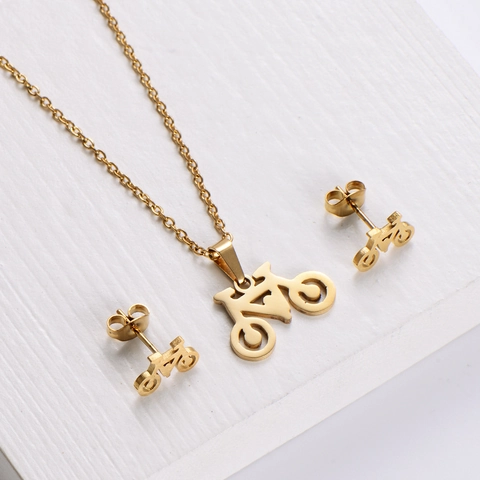 Fahrrad Halskette Und Ohrstecker 18K Vergoldet 316 Edelstahl Minimalistischer Schmuck Für Damen Kinder