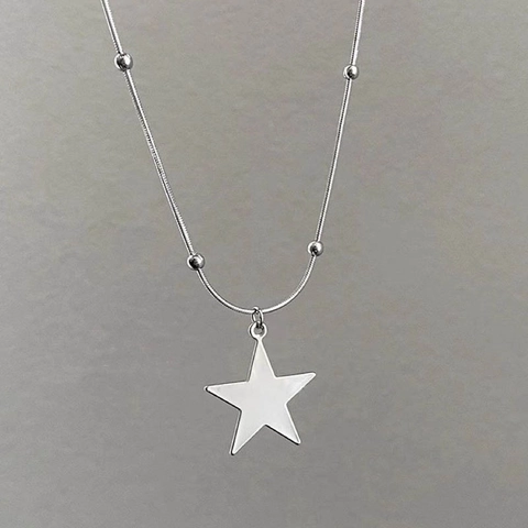 Star Pendant Necklace Silver Color Alloy Single Double Layer Snake Chain Minimalist Sweet Style Women Jewelry