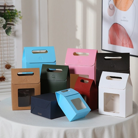 Kraft Paper Gift Box Portable Packaging Bag With Clear Window Solid Color Minimalist Style For Candy Holiday Presents