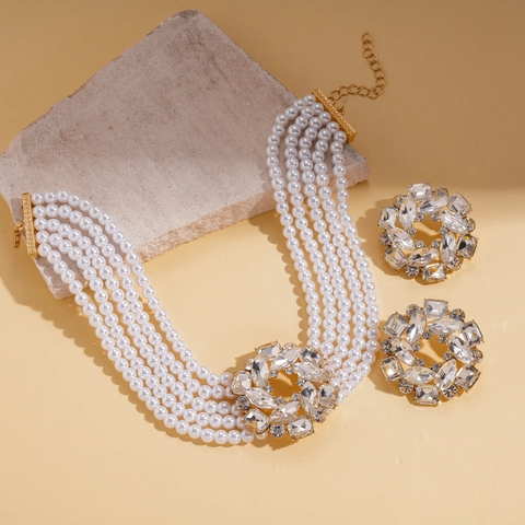 Vintage Elegant Multi Layer Faux Artificial Pearl Choker Necklace And Flower Rhinestone Stud Earrings For Women Wedding Jewelry