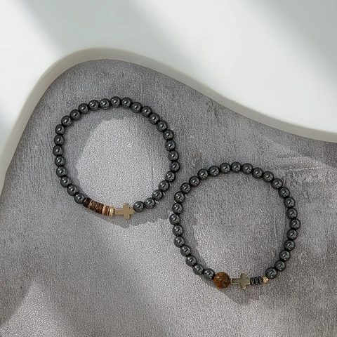 Cross Hematite Beaded Bracelet And Lava Stone Tiger Eye Adjustable Urban Street Style Handcrafted Jewelry For Men