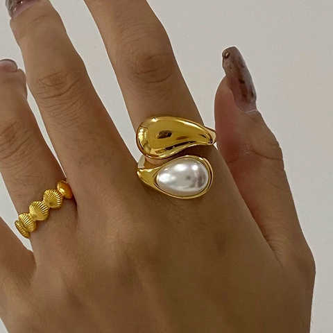 Edelstahl Künstliche Perle Strass Ring Für Damen Minimalistisch Koreanische Mode Geometrischer Offener Fingerring Gold High End Schmuck Geschenk