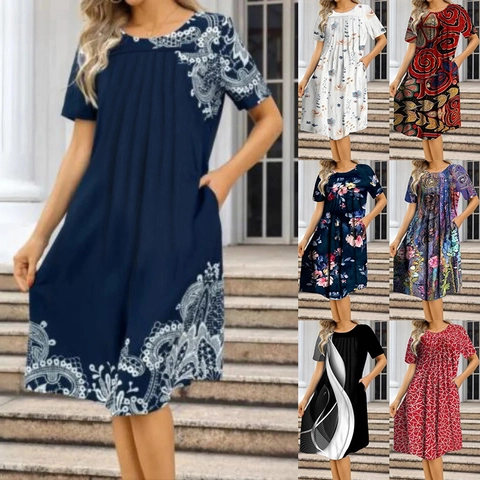 Women's Casual Short Sleeve Round Neck Midi Dress With Pockets Plus Size Summer Bohemian Floral Printed A-Line Fashion Dress