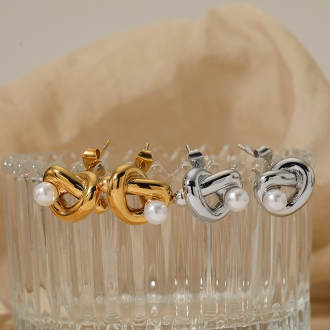 Boucles d'Oreilles Clous Nœud en Acier Inoxydable 316 pour Femmes Design Torsadé Élégant Avec Perle Artificielle Or Argent