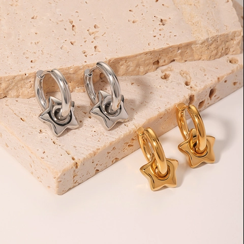 Orecchini A Cerchio Con Stella In Acciaio Inossidabile Placcato Oro 18K Pendente Pentagramma Geometrico Per Donna