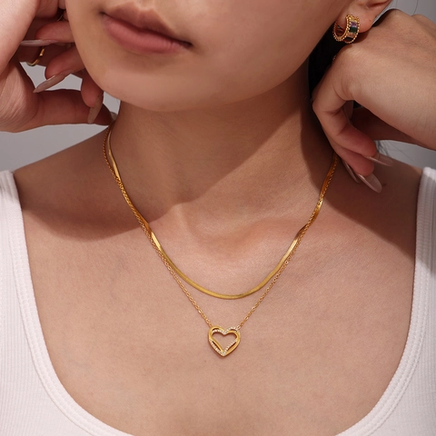 Stainless Steel Double Layer Heart Pendant Necklace Bracelet For Women Luxury Zirconia Inlaid Gold Silver Plated Jewelry Accessories Gift