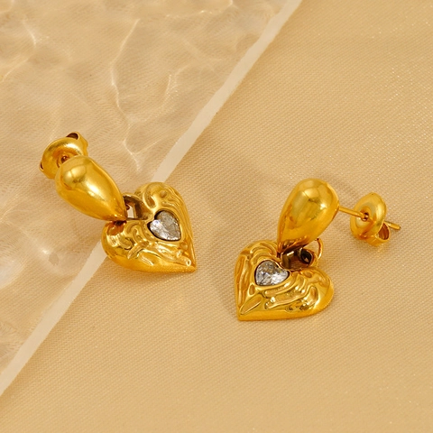 Ig Inlaid Diamond Hammered Heart Earrings For Women Real Gold Plated Titanium Steel Stud Earrings