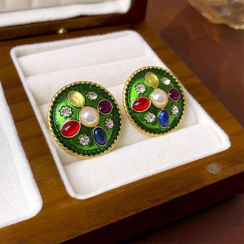Orecchini Vintage Cuore Verde Smeraldo Con Perno In Argento Gioielli Retrò Placcati Oro Per Donna