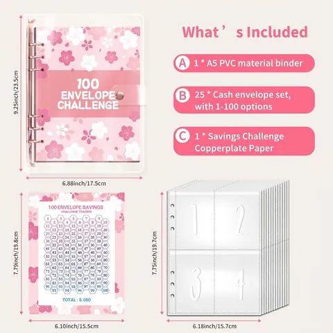 100 Umschlag Challenge Sparbuch A5 PVC Budget Planer Geld Organizer Ordner Blumen Design Metall Ringbuch