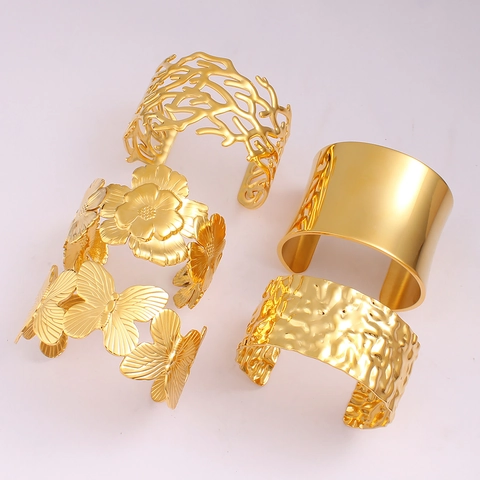 Gold Stainless Steel Cuff Bangle Hammered Floral Butterfly Cutout Wide Bracelet Fashion Jewelry For Women