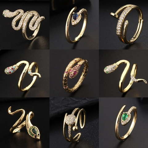 Anello A Serpente Per Donne Rame Placcato Oro Con Zirconi Strass Forma Animale Gioielli Da Dito Regolabili Vintage