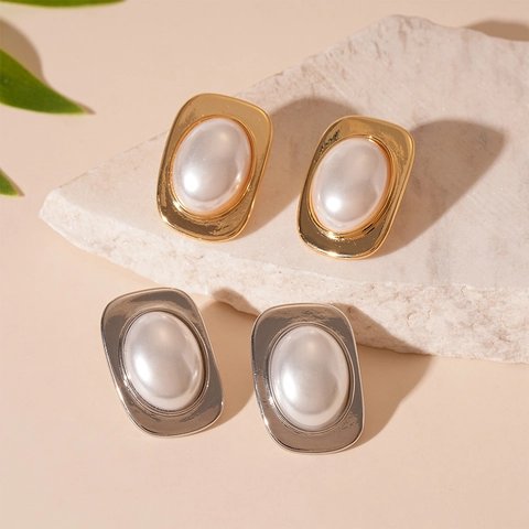 Vintage Geometric Faux Artificial Pearl Stud Earrings With Silver Earring Post Alloy Metal Square Plated For Women Elegant