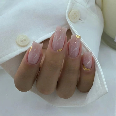 Press On Nails Pink Marble Pattern With Gold Foil Accents Long Square Shape Glossy Elegant Fashionable Artificial Finger Nails