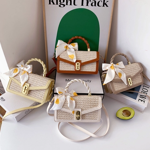 Strohgewebte Umhängetasche Für Damen Mit Satinnschal-Schleife PU-Leder Patchwork Handtasche Kleine Quadratische Sommertasche