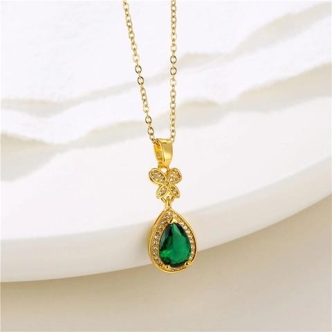 Collana Con Pendente In Zircone A Goccia D'Acqua Verde Catena In Acciaio Inossidabile Farfalla Gioielli Eleganti Per Donna