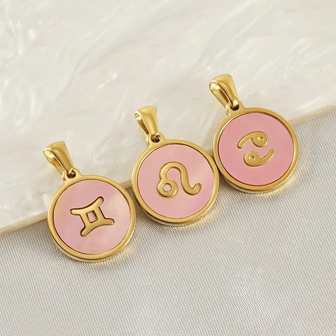 18K Gold Plated Stainless Steel Zodiac Constellation Pendant Necklace Round Pink Shell Mother Of Artificial Pearl Fashion Jewelry