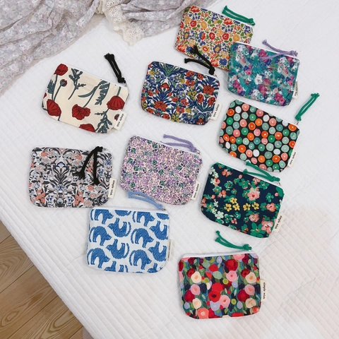 Mini Coin Purse Vintage Floral Cotton Canvas Storage Bag With Zipper And Braided Rope Puller For Lipstick Earphone