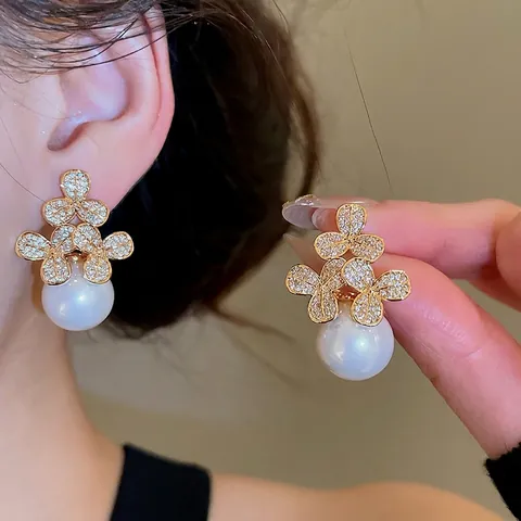Flower Artificial Pearl Drop Earrings With Silver Earring Post Zircon Copper Inlaid Elegant Luxury Jewelry For Women