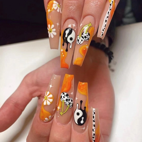 Uñas Postizas Largas Ataúd Degradado Naranja Tai Chi Yin Yang Margaritas Hongos Patrones Y2K Tendencia Graffiti