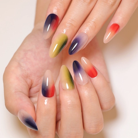 Long Almond Press On Nails Rainbow Smudge Gradient Glossy Mirror False Nails Full Cover Manicure Art
