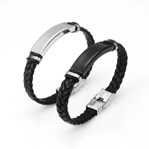 Braided Leather Bracelet With Stainless Steel ID Plate Rectangular Polished Metal Wristband Hip Hop Punk Style For Men