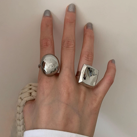 French Vintage Minimalist Alloy Ring For Women Square Oval Geometric Chunky Silver Plated Brushed Polished Adjustable