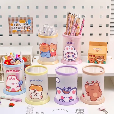 Round Pen Holder Folding DIY Assembly PP Plastic Cartoon Animal Desktop Organizer For Students Office Stationery Storage