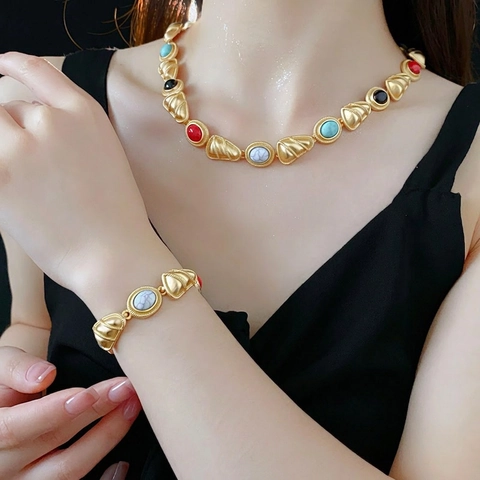 Joyas De Collar Y Pulsera Vintage Para Mujer Aleación Dorada Piedras Artificiales Coloridas Geométricas Accesorio Retro Bohemio