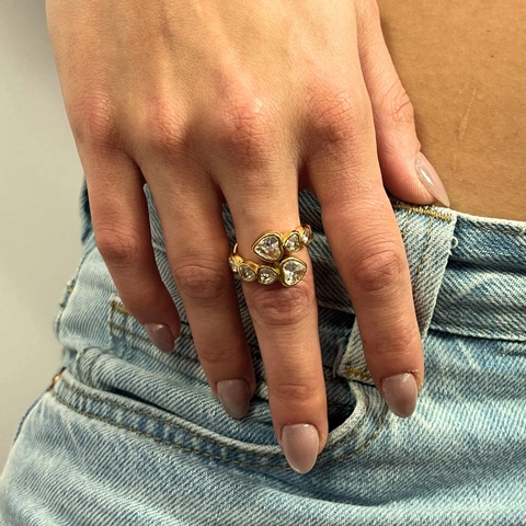 Hollow Geometric Stainless Steel Ring For Women Fashion Heart Zircon Inlaid Jewelry Gold Silver Tone