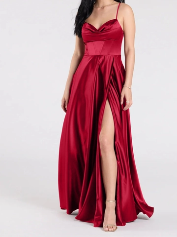 Satin Evening Dress Spaghetti Strap Cowl Neck High Slit Slim Fit Elegant Party Maxi Dress For Women
