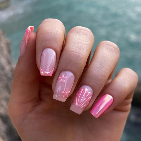 Faux Ongles À Presser Thème Océan Rose Rose Étoile De Mer Coquille 3D Forme Cercueil Aurora Plastique ABS Manucure Chic À Porter