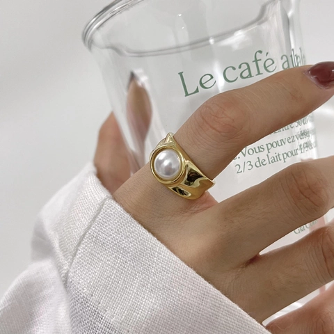 Künstliche Perle Offener Ring Breit S925 Sterlingsilber 18 Karat Vergoldet Französischer Retro Verstellbarer Fingerschmuck Damen