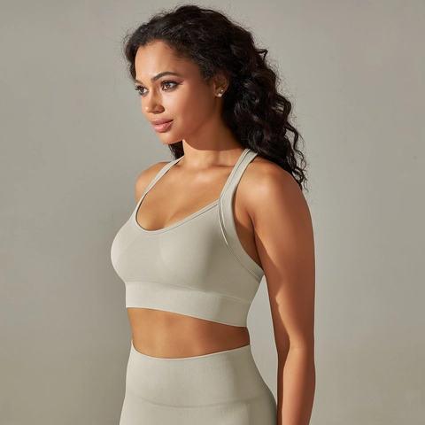 Ensemble Soutien Gorge De Sport Et Leggings Sans Couture Tricoté Pour Femmes Haute Élasticité Dos Croisé Yoga Fitness