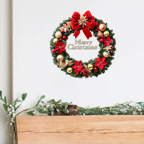 Pegatina Pared Corona Navidad PVC Impermeable Decoración Removible Lazo Rojo Bolas Oro Hogar Decoración Fiesta