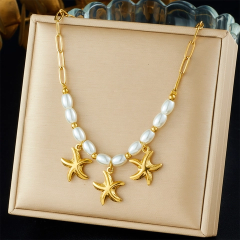 Collana Pendente Stella Marina Acciaio Inossidabile Perla Artificial Imitazione Catena Graffetta Placcato Oro Gioielli Spiaggia Estate Donna