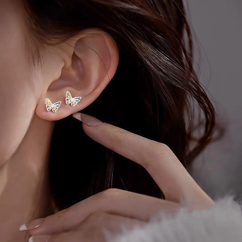 Orecchini a Bottone a Farfalla Colorati in Argento Sterling s999 da Donna Gioielli Minimalisti Dolci Con Zirconia Intarsiata