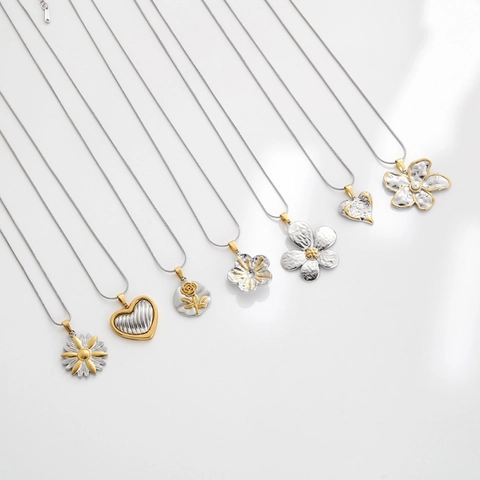 Collana Con Ciondolo In Acciaio Inossidabile Bicolore Oro Argento Martellato Fiore Cuore Rosa Catena Clavicola Minimalista
