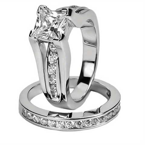 Princess Cut Square Cubic Zirconia Stainless Steel Wedding Engagement Rings For Couples Fashion Classic Jewelry