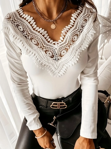 Dames T-shirt Met Lange Mouwen V-hals Elegant Kant Slim Fit Polyester Spandex Pullover Top
