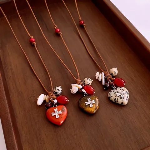 Collar Colgante De Piedra Corazón Vintage Cordón De Cera Cuentas De Madera Étnico Bohemio Cadena De Suéter Larga Tejida A Mano Mujer