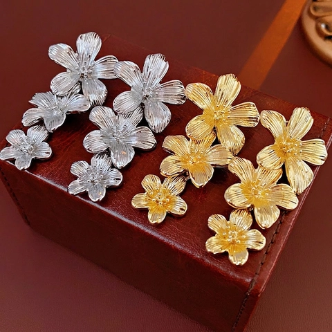 Vintage French Style Alloy Graduated Floral Drop Earrings With Silver Earring Post Brushed Metal Texture For Women