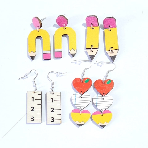 Wooden School Theme Dangle Earrings Pencil Ruler Apple Heart Shape Creative Novelty Jewelry For Women Teacher Gift