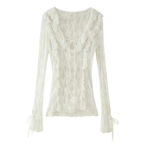 Blusa In Pizzo Sexy Scollo A V Volant Maniche Lunghe Fiocco Davanti Vestibilità Aderente Trasparente Top Elegante Per Donna