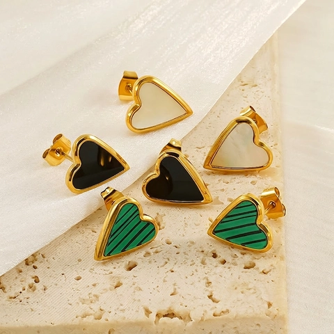 Pendientes De Botón De Corazón Acero Inoxidable Chapado En Oro 18K Con Concha Acrílico Y Textura Malaquita Mujeres