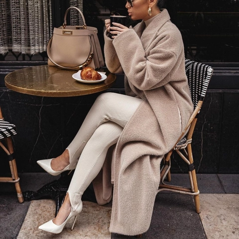 Damen Eleganter Langer Wollmantel Reverskragen Langarm Einfarbig Warmer Trenchcoat Winter Herbst Oberbekleidung Modejacke
