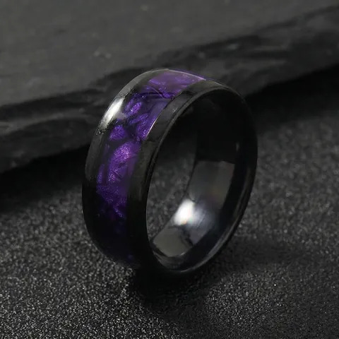 Anello In Acciaio Inossidabile Uomo Motivo Conchiglia Viola Intarsio Fascia Nera Lucida Gioielli Minimalisti Unisex