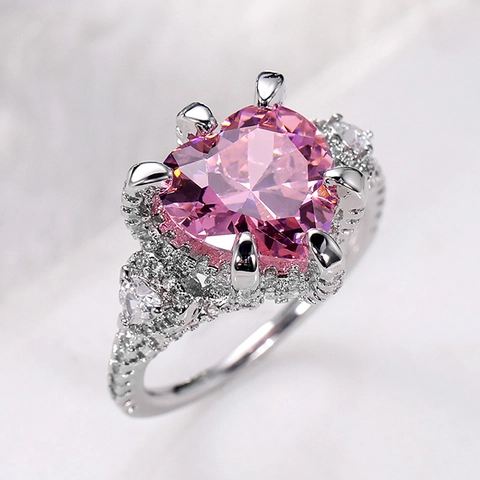 Elegant Heart Shaped Pink Cubic Zirconia Copper Ring Luxury Wedding Proposal Romantic Hand Jewelry For Women