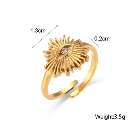 Boze Oog Open Verstelbare Ring 18K Verguld Roestvrij Staal Zirkonia Zonnestraal Boheemse Vintage Stijl Voor Vrouwen