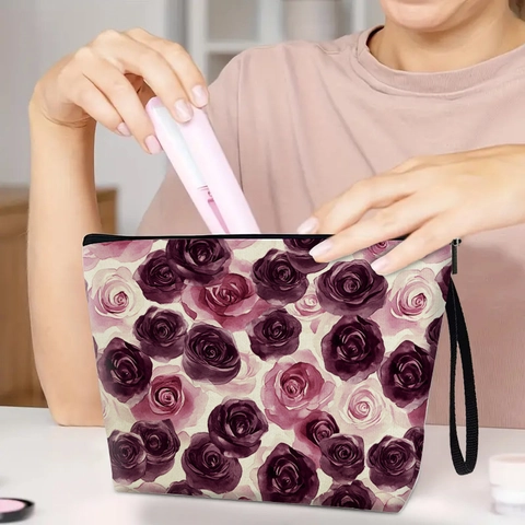 Borsa Da Trucco Stampa Rose Viola Lino Pochette Cosmetici Portatile Viaggio Organizzatore Con Cerniera Cinturino Polso