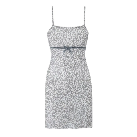 Damen Leopard Print Mesh Slip Mini Kleid Mit Schleife Spaghettiträger Slim Fit French Style Trendy Grau